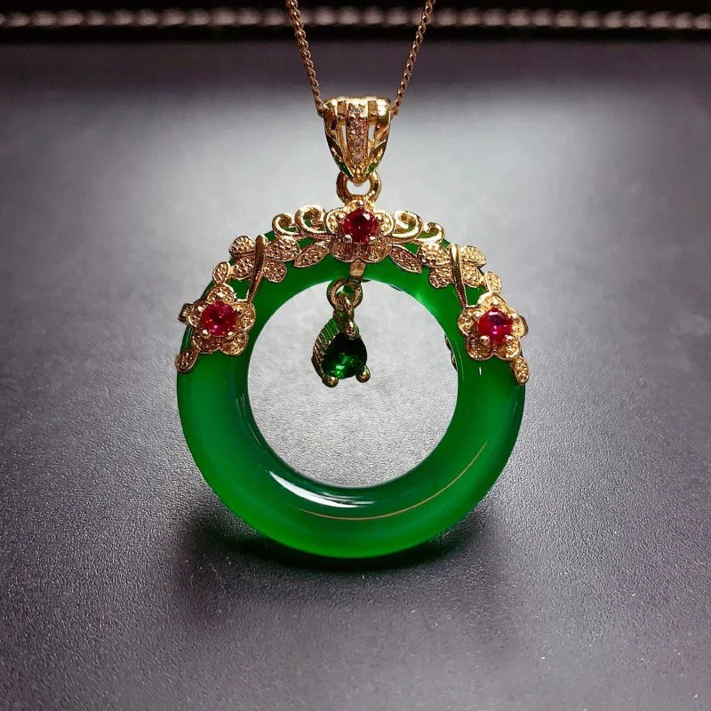 Classic Green Crystal Floral Ring Pendant Necklace-Maryam Jewelry