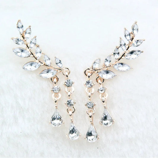 Gold Crystal Leaf Tassel Dangle Earrings-Maryam Jewelry