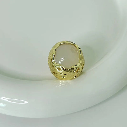 Gold & Soft Beige Stone Textured Band Adjustable Ring-Maryam Jewelry