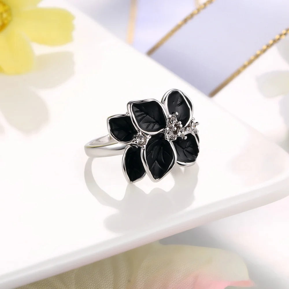 Classic Silver Black Floral Leaf Ring-Maryam Jewelry
