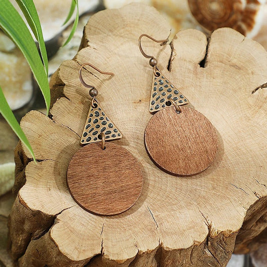 Wooden Disc & Carved Triangle Drop Earrings-Maryam Jewelry