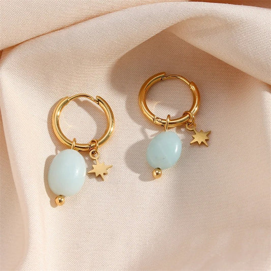 Vintage Aqua Bead & Star Gold Hoop Earrings-Maryam Jewelry
