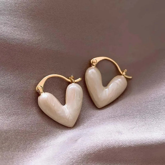 Vintage White Heart Gold Hoop Earrings-Maryam Jewelry