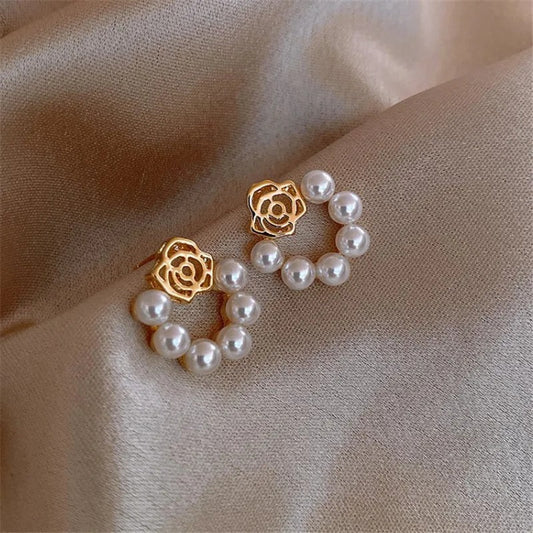 Gold Pearl & Rose Floral Hoop Earrings-Maryam Jewelry