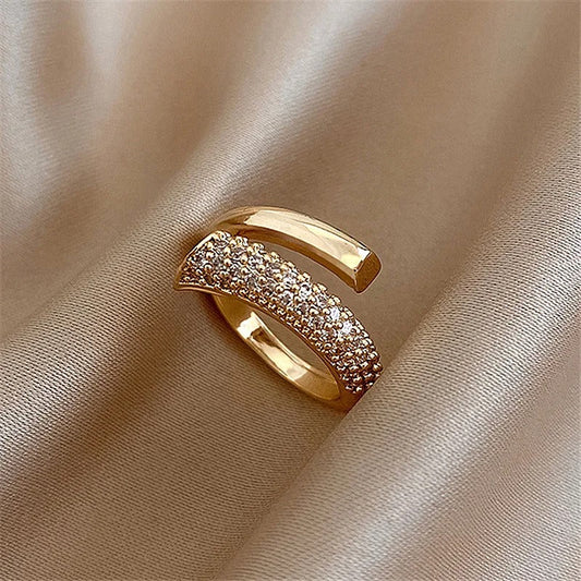 Gold Pave Crossover Sparkling Crystal Adjustable Ring-Maryam Jewelry