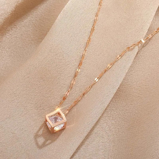 Vintage Rose Gold Crystal-Studded Square Pendant Necklace-Maryam Jewelry