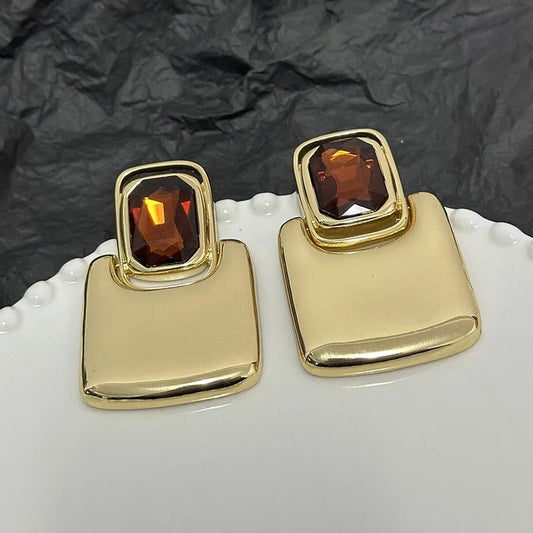 Gold Brown Gemstone Square Crystal Stud Earrings-Maryam Jewelry