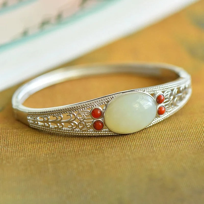 Classic Silver Green Stone & Coral Bangle Bracelet-Maryam Jewelry