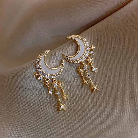 Vintage Gold Moon & Star Crystal Drop Earrings-Maryam Jewelry