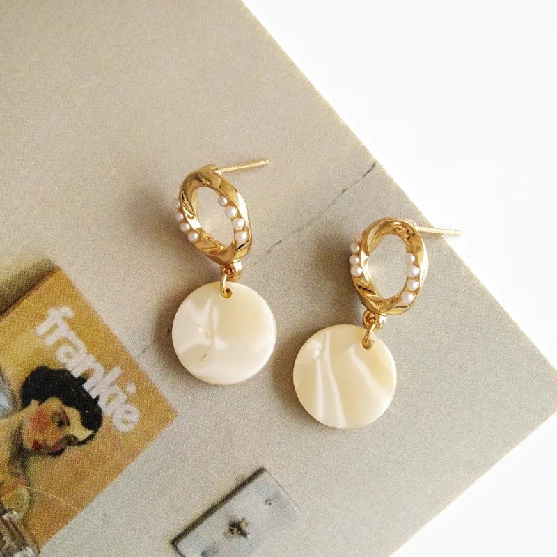 Gold & White Round Pearl Drop Earrings-Maryam Jewelry