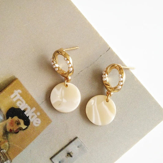 Gold & White Round Pearl Drop Earrings-Maryam Jewelry