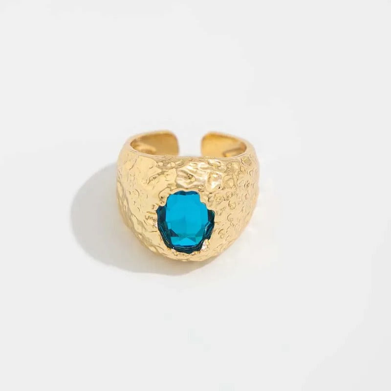 Gold Hammered Vibrant Blue Gemstone Adjustable Ring-Maryam Jewelry