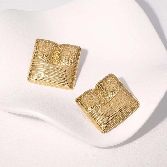 Vintage Gold Textured Square Earrings-Maryam Jewelry