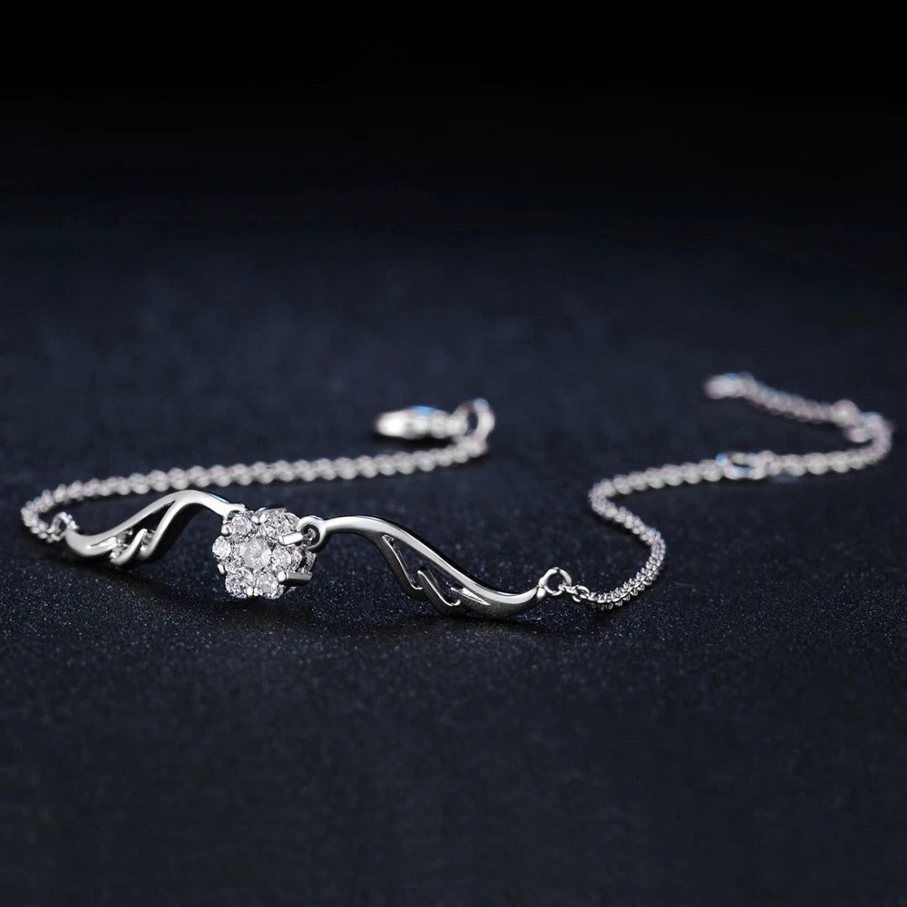 Vintage Silver Crystal Flower & Curved Design Bracelet-Maryam Jewelry
