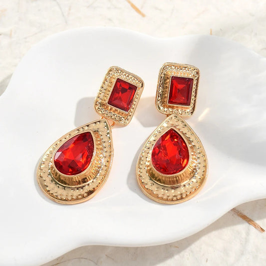 Gold Vintage Red Gemstone Dangle Earrings-Maryam Jewelry