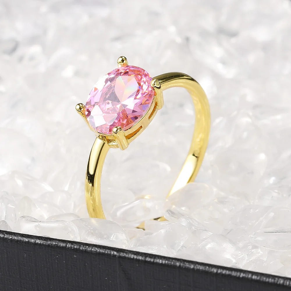 Gold Oval Pink Center Stone & Smooth Band Ring-Maryam Jewelry