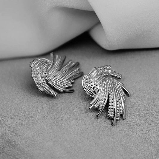 Silver Spiral Feather Design Stud Earrings-Maryam Jewelry