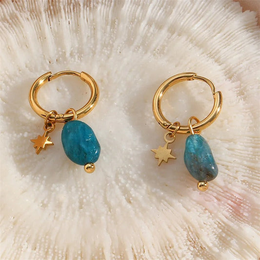 Classic Gold Turquoise Charm & Star Pendant Hoop Earrings-Maryam Jewelry