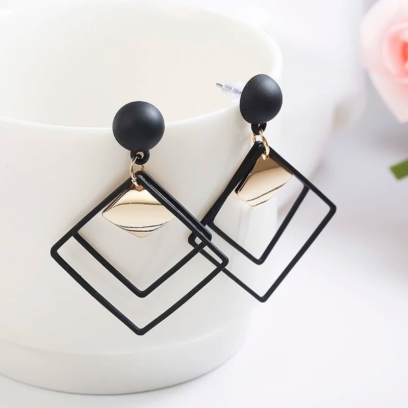 Vintage Black Square Gold Geometric Earrings-Maryam Jewelry