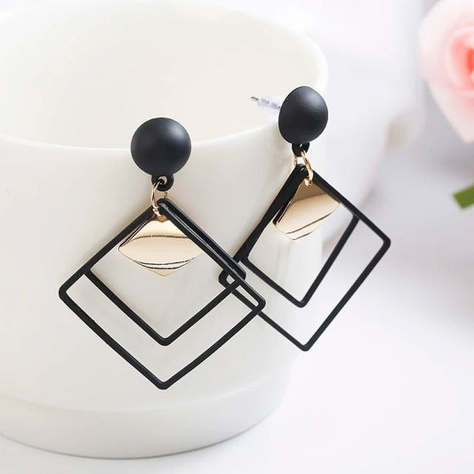 Vintage Black Square Gold Geometric Earrings-Maryam Jewelry