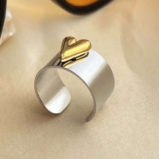 Vintage Silver & Gold Heart Cuff Open Ring-Maryam Jewelry