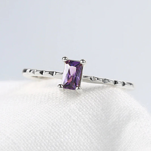 Silver Rectangular Purple Gem & Unique Textured Band Ring-Maryam Jewelry