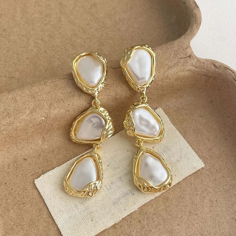 Gold Layered Pearlescent Triangular Design Earrings-Maryam Jewelry