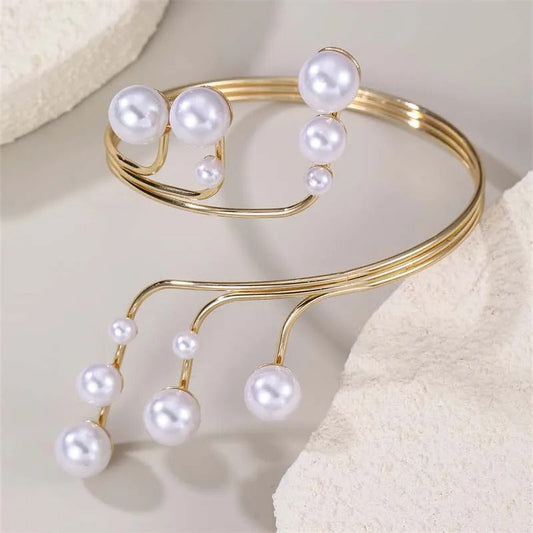 Vintage Gold & Cascading Pearl Bangle Bracelet-Maryam Jewelry