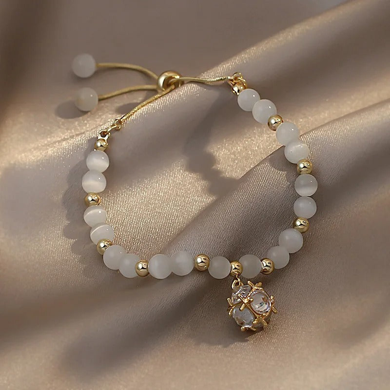 Gold White Beaded & Crystal Pendant Bracelet-Maryam Jewelry