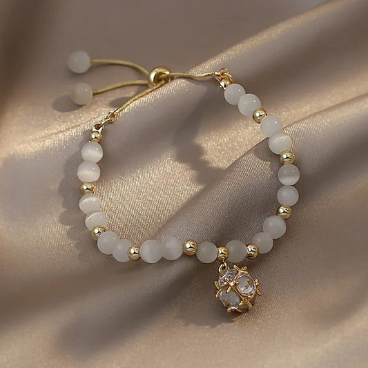 Gold White Beaded & Crystal Pendant Bracelet-Maryam Jewelry