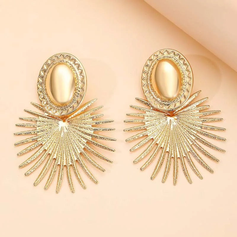 Gold Oval & Flared Sunburst Design Earrings-Maryam Jewelry