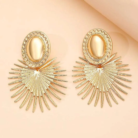 Gold Oval & Flared Sunburst Design Earrings-Maryam Jewelry