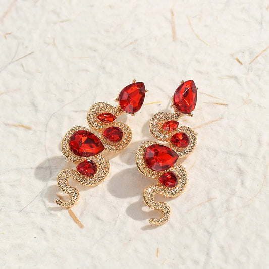 Vintage Red Snake Crystal Gold Earrings-Maryam Jewelry