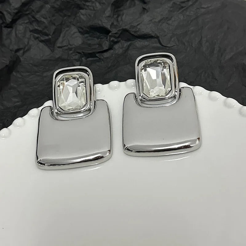 Silver Square Crystal Stud Earrings-Maryam Jewelry