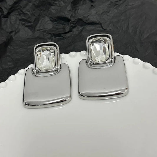 Silver Square Crystal Stud Earrings-Maryam Jewelry