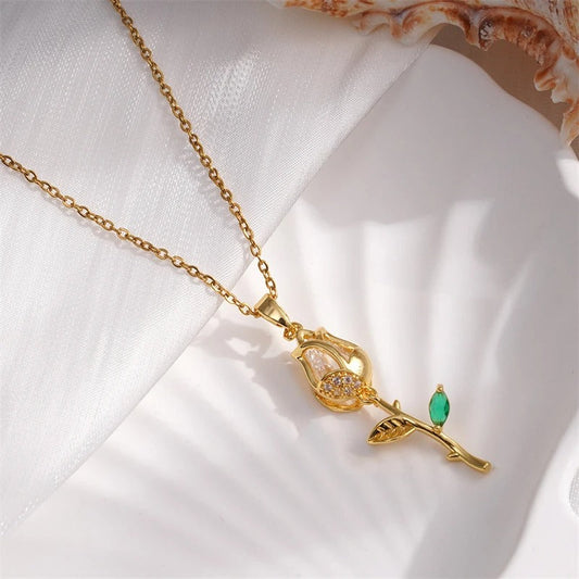 Gold Rose & Crystal Flower Necklace-Maryam Jewelry