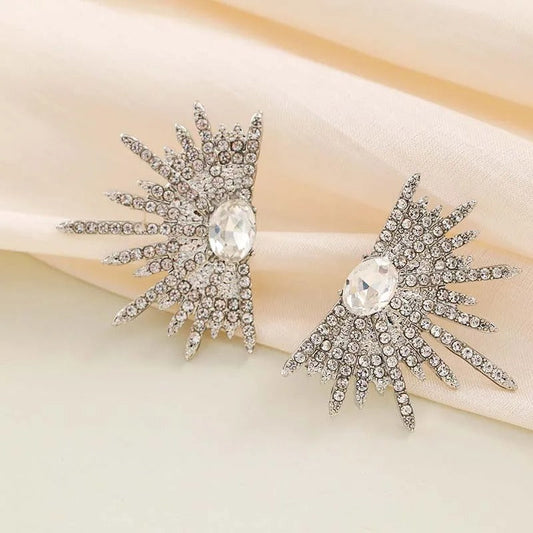 Silver Crystal Oval Stone Starburst Earrings-Maryam Jewelry