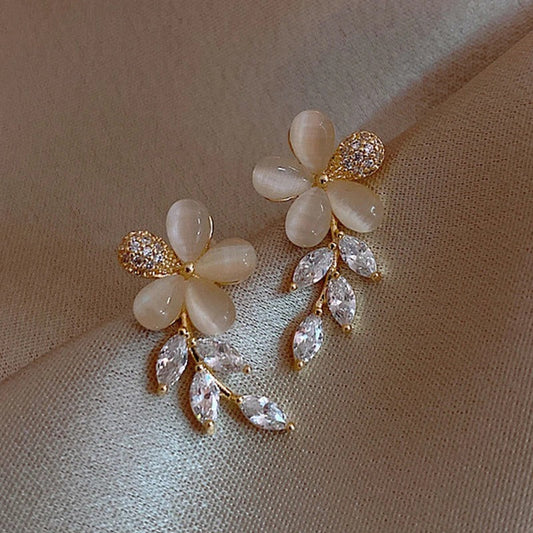 Vintage Opal Zircon Flower Leaves Stud Earrings-Maryam Jewelry