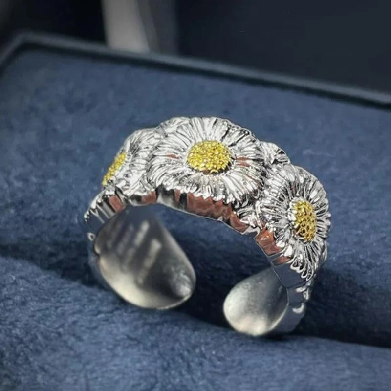 Classic Silver & Yellow Daisy Flower Adjustable Ring-Maryam Jewelry