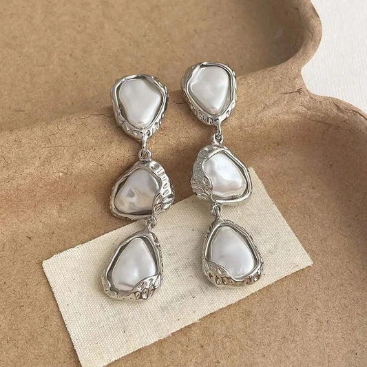 Silver Triangular Shaped Pearl Drop Earrings-Maryam Jewelry