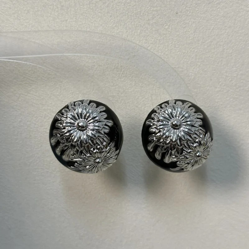 Classic Black Vintage Silver Flower Design Earrings-Maryam Jewelry