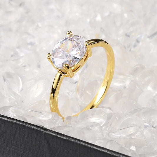 Gold Sparkling Oval Clear Stone & Simple Design Ring-Maryam Jewelry