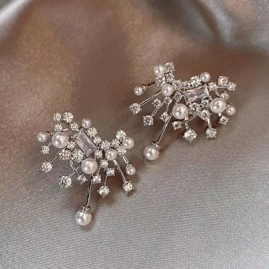 Silver Pearl & Crystal Starburst Cluster Earrings-Maryam Jewelry
