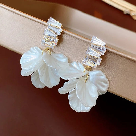 Sparkling Crystal Top Pearl Petal Earrings-Maryam Jewelry