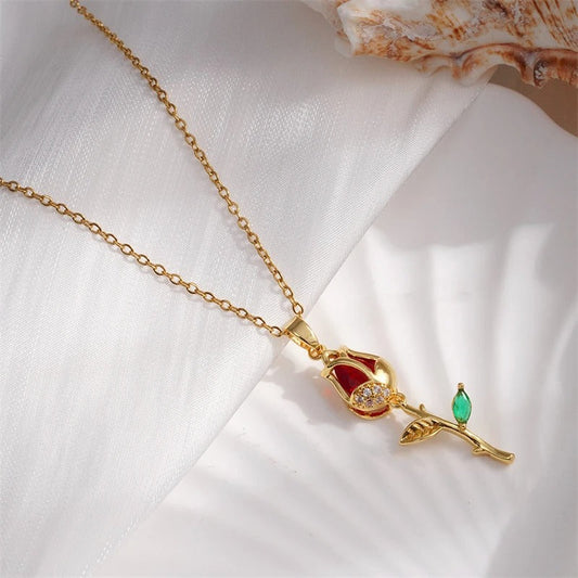 Vintage Gold Rose & Red Gemstone Necklace-Maryam Jewelry