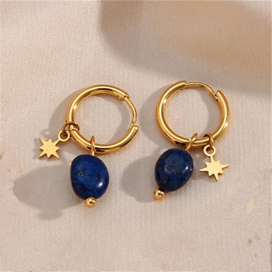 Vintage Gold Star & Blue Charm Hoop Earrings-Maryam Jewelry