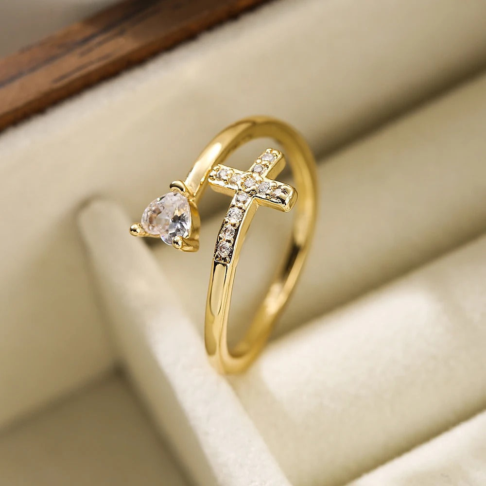 Gold Sparkling Heart Cross Resizable Ring-Maryam Jewelry