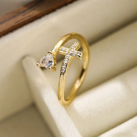 Gold Sparkling Heart Cross Resizable Ring-Maryam Jewelry