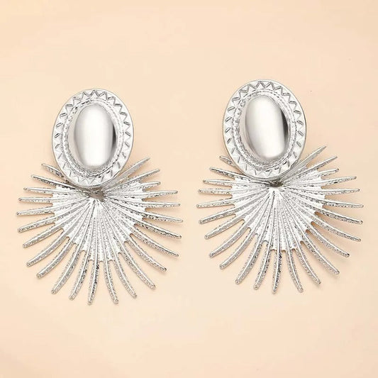 Silver Radiant Sunburst Pattern & Oval Shape Earrings-Maryam Jewelry