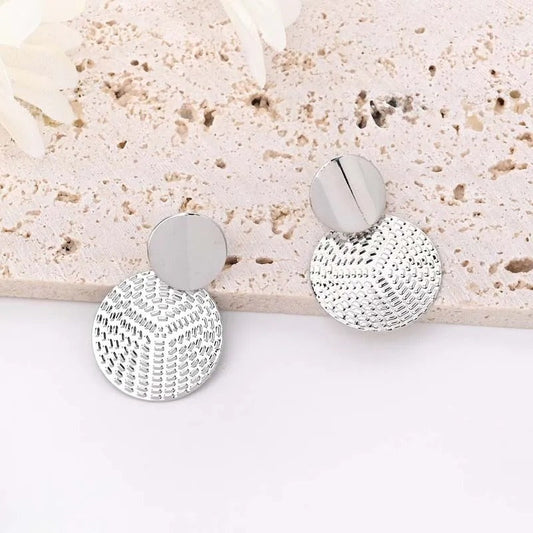 Silver Textured Geometric Disc Earrings-Maryam Jewelry